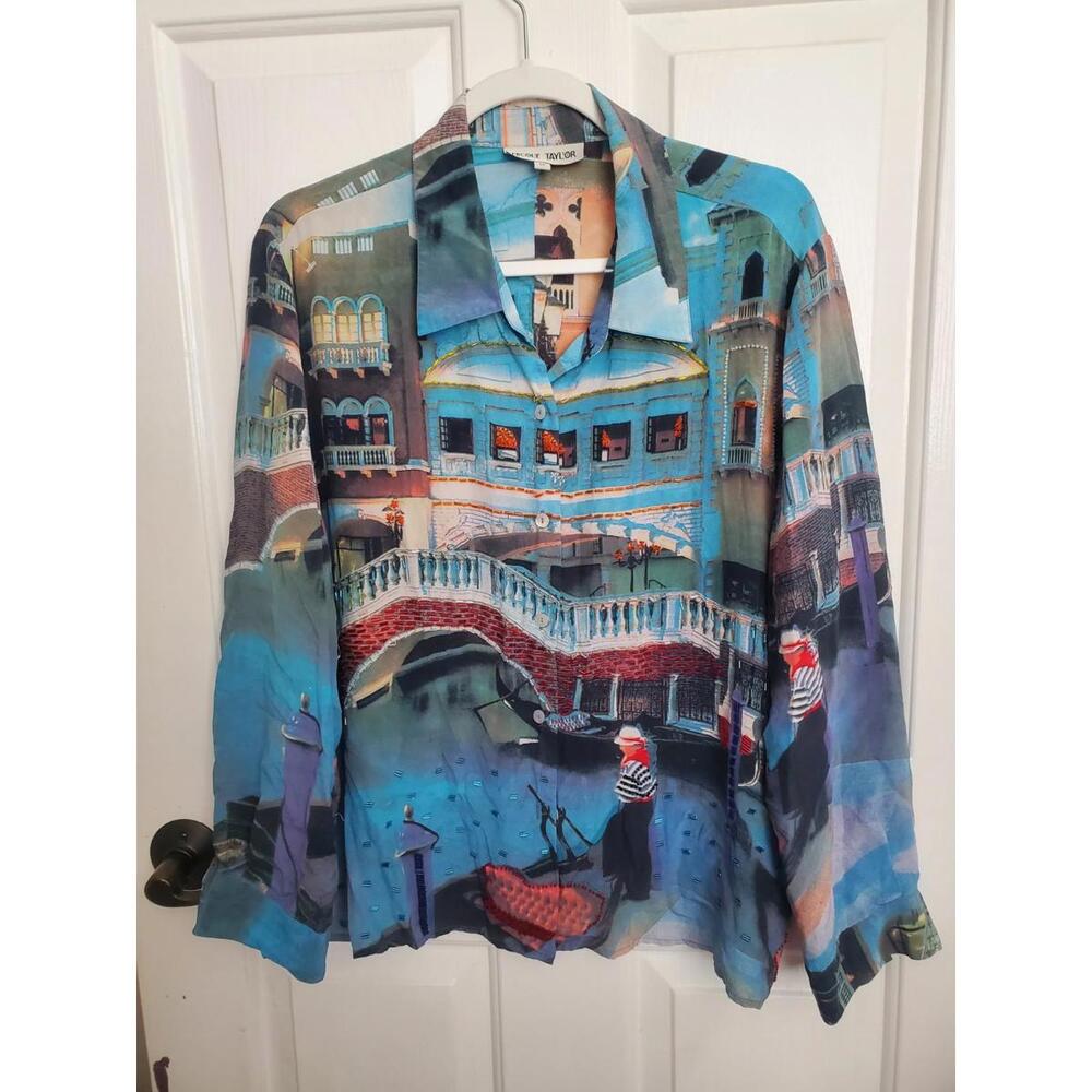 Vintage Nicole Taylor Silk Beaded Scenic Landscape Venice Italy Print Shirt 1X